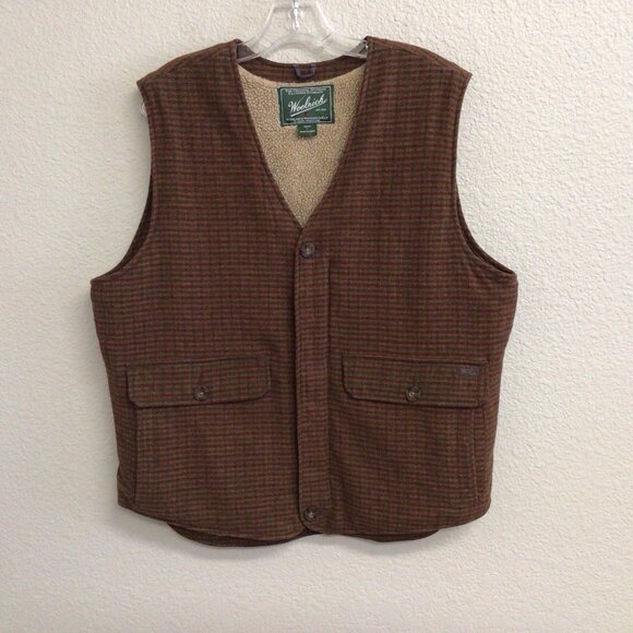 Woolrich Teton Vest Mens Large Wool Blend Sherpa Lined Brown Houndstooth Zip - Picture 10 of 11
